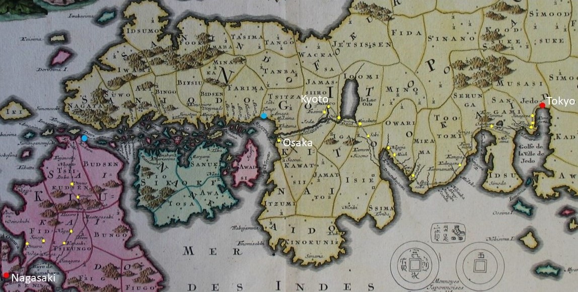 Map of Japan (cropped) based on Engelbert Kaemphe's sketches, showing the shogunal road Tōkaidō, between Kyoto and Tokyo, one of the five main feudal roads Japan, map, Red dot = start and endpoint for Thunberg´s journey; blue dot = start and endpoint for the sea crossing; yellow dot = places noted in Resa.