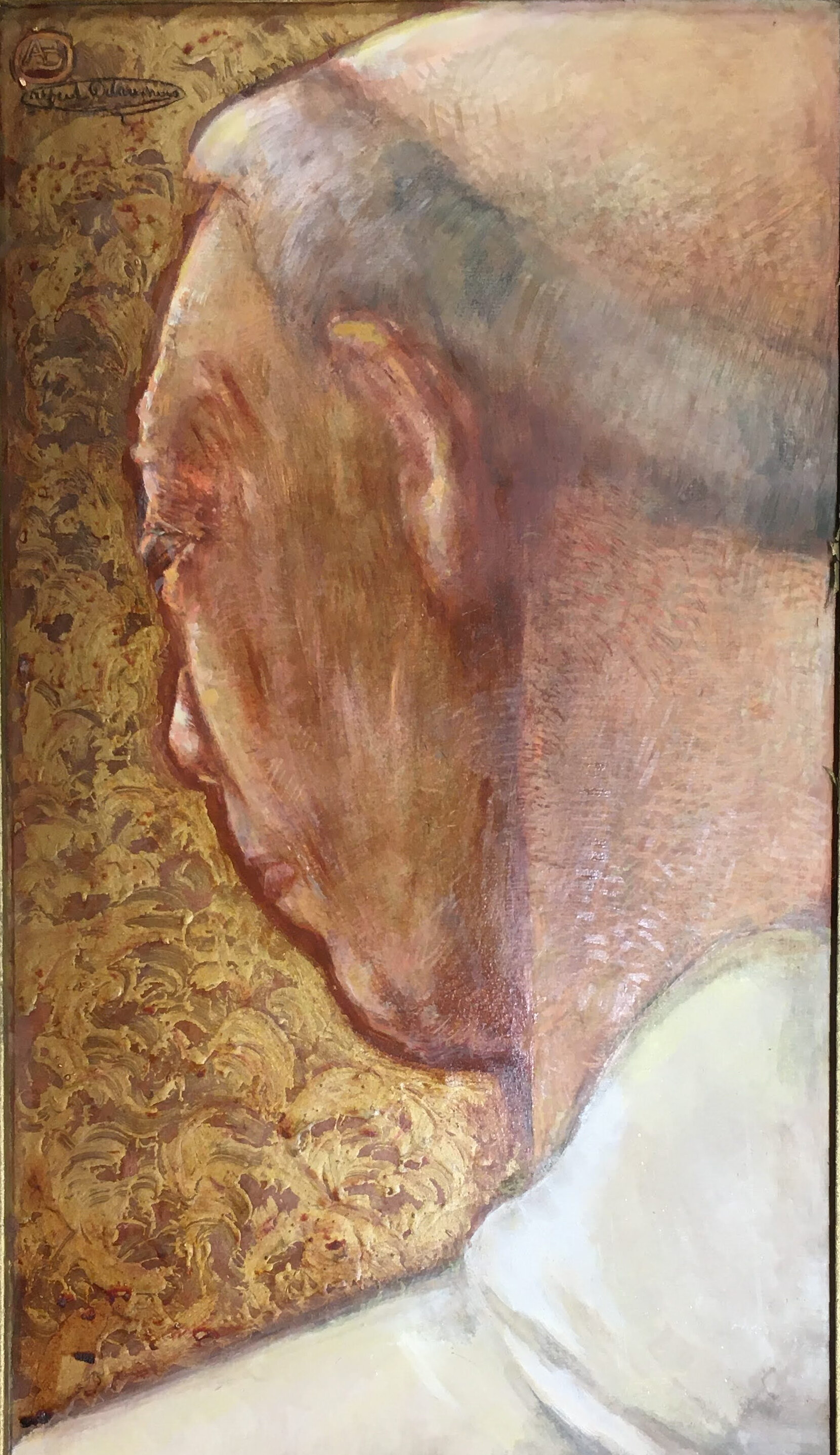 Another artwork by Delaunois showing a three-quarter view of a monk's head, from the back, against a gold paint background