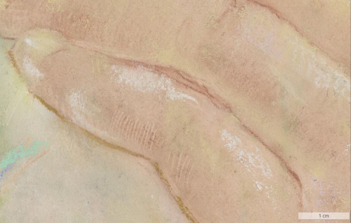 Three details of the monk's head and hand showing lines the artist scratched out in the pastel layer to create contrasts and relief