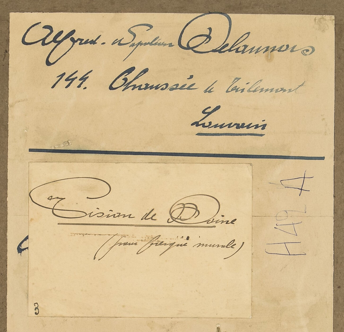 A paper label pasted on the verso of the artwork, where Delaunois wrote the title and his address in pen and ink