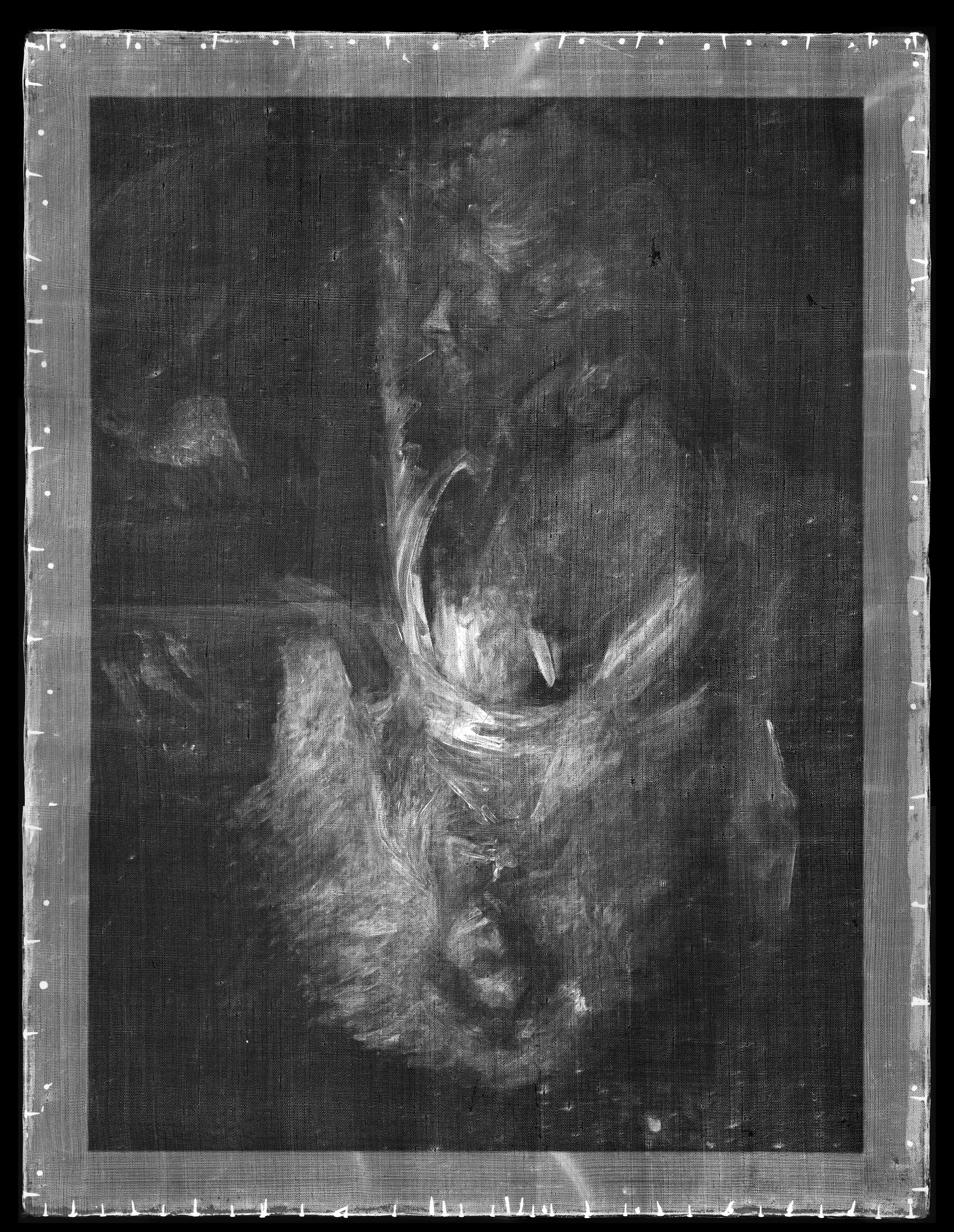 Black and white x-radiograph of the painting in Fig. 6 showing the earlier and now upside-down portrait in the composition's lower third.