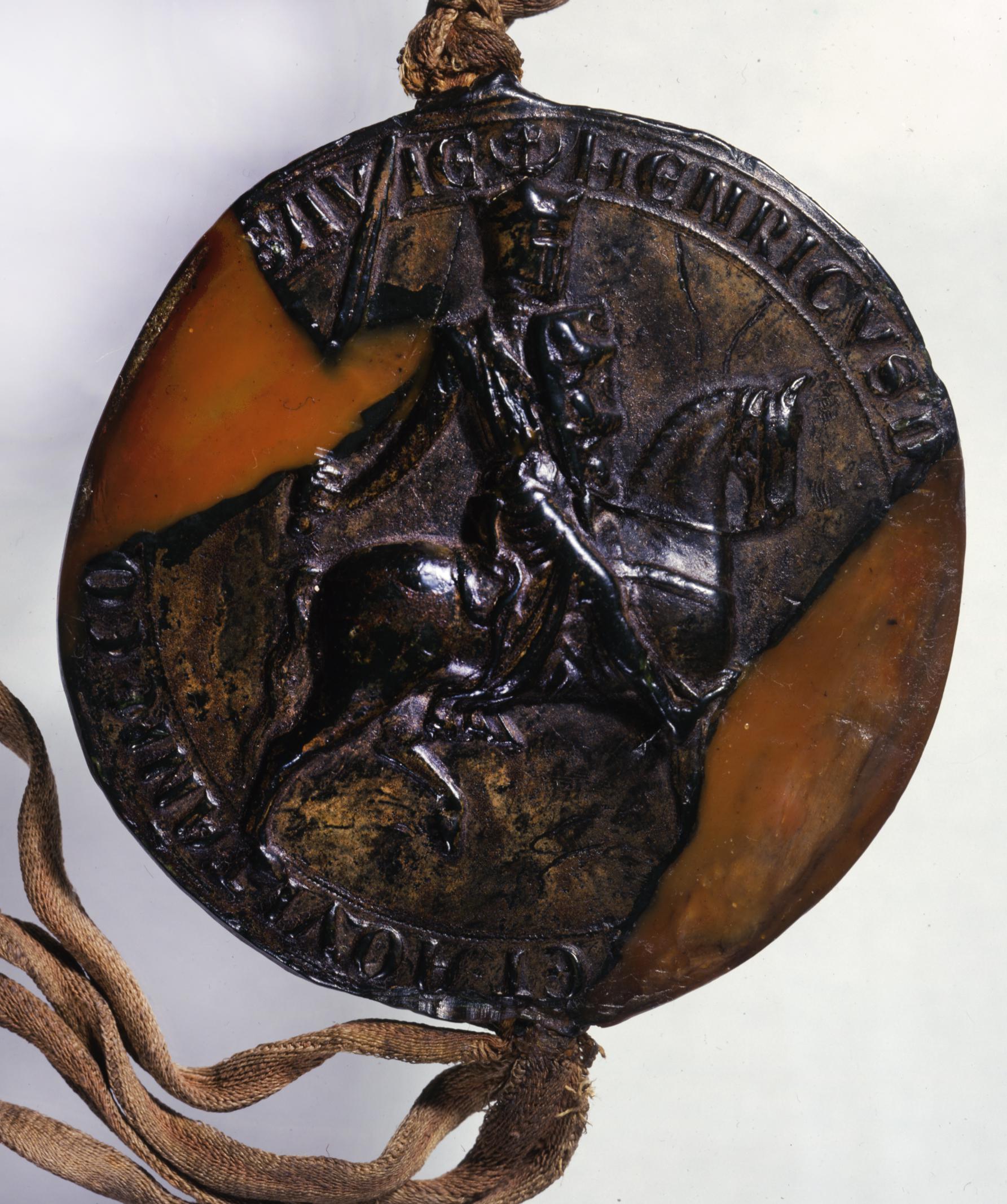 Reverse of the wax seal of King Henry III of England showing the king depicted as a royal warrior, riding his warhorse and brandishing his sword in one hand while holding a heraldic shield of the three leopards of England in the other.