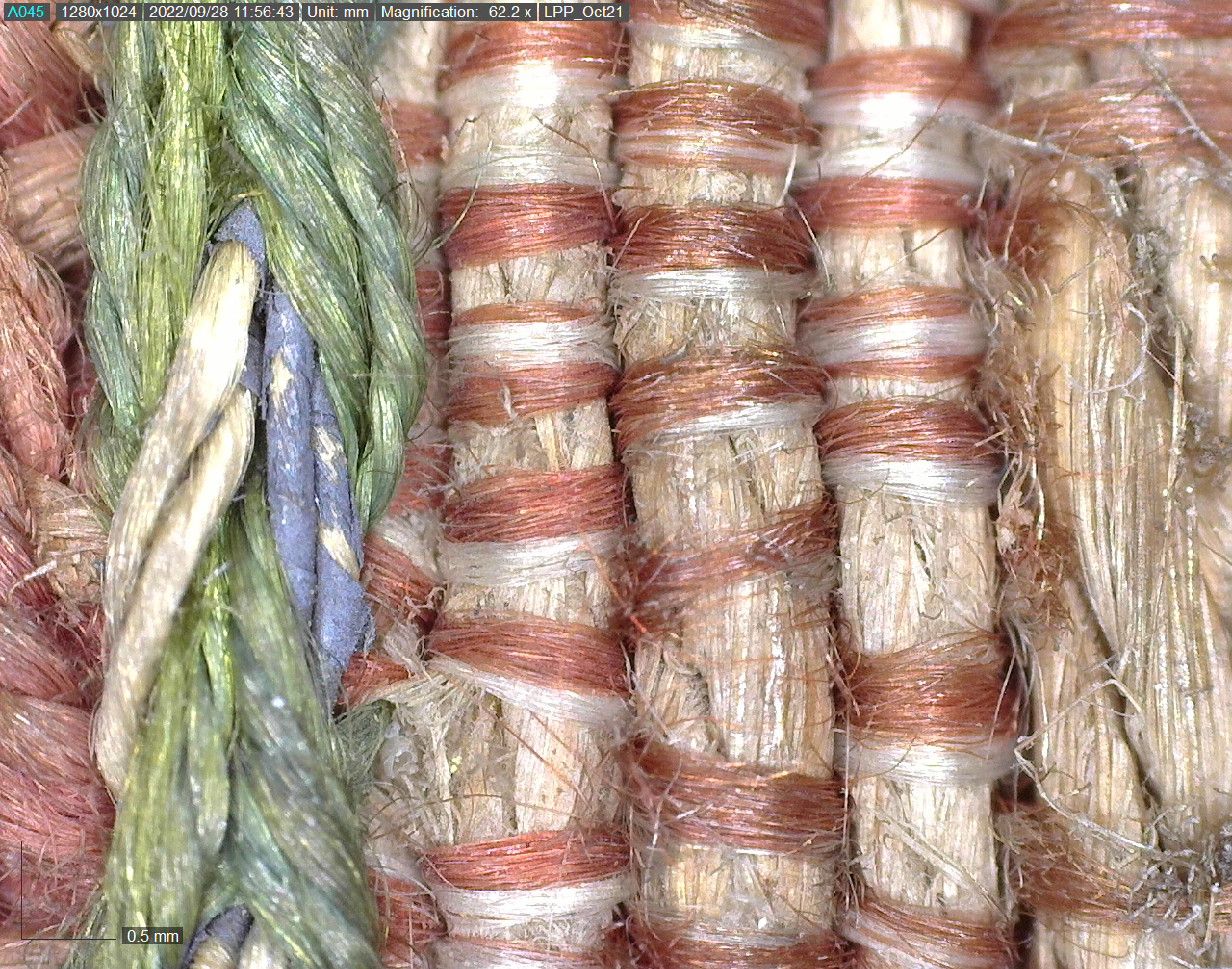 Microscopy detail showing the red-pinkish fabric’s selvedges, composed of three linen cords in plain weave or tabby.