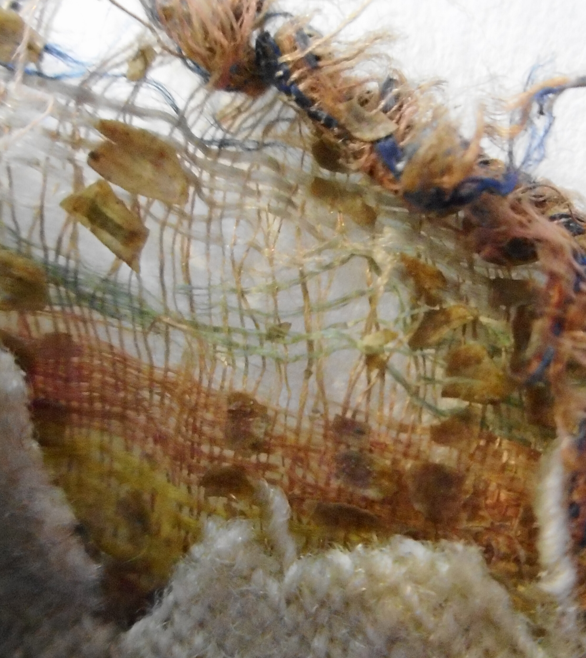 Close-up detail showing the thin and fragile fabric of the seal bag, with the remains of a semi-transparent yellow coating that had been applied to support the cloth.