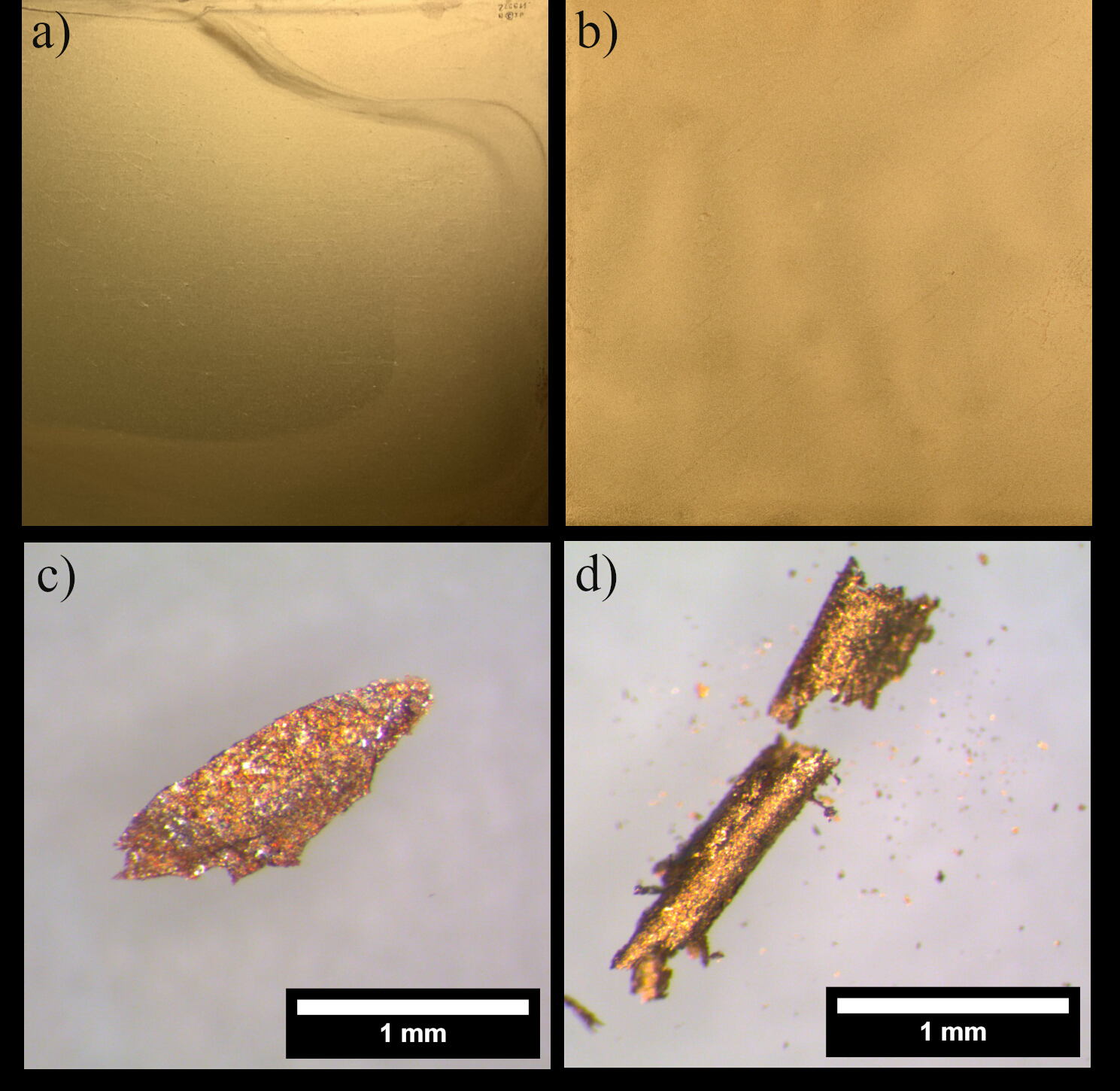 An array of four images showing a gold surface in the top two images and small gold samples under magnification in the lower two images.